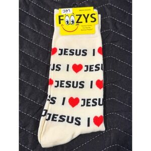 Foozys Crew Socks‎ Mens 10-13 Off-White New I Heart Jesus Religious FM-59